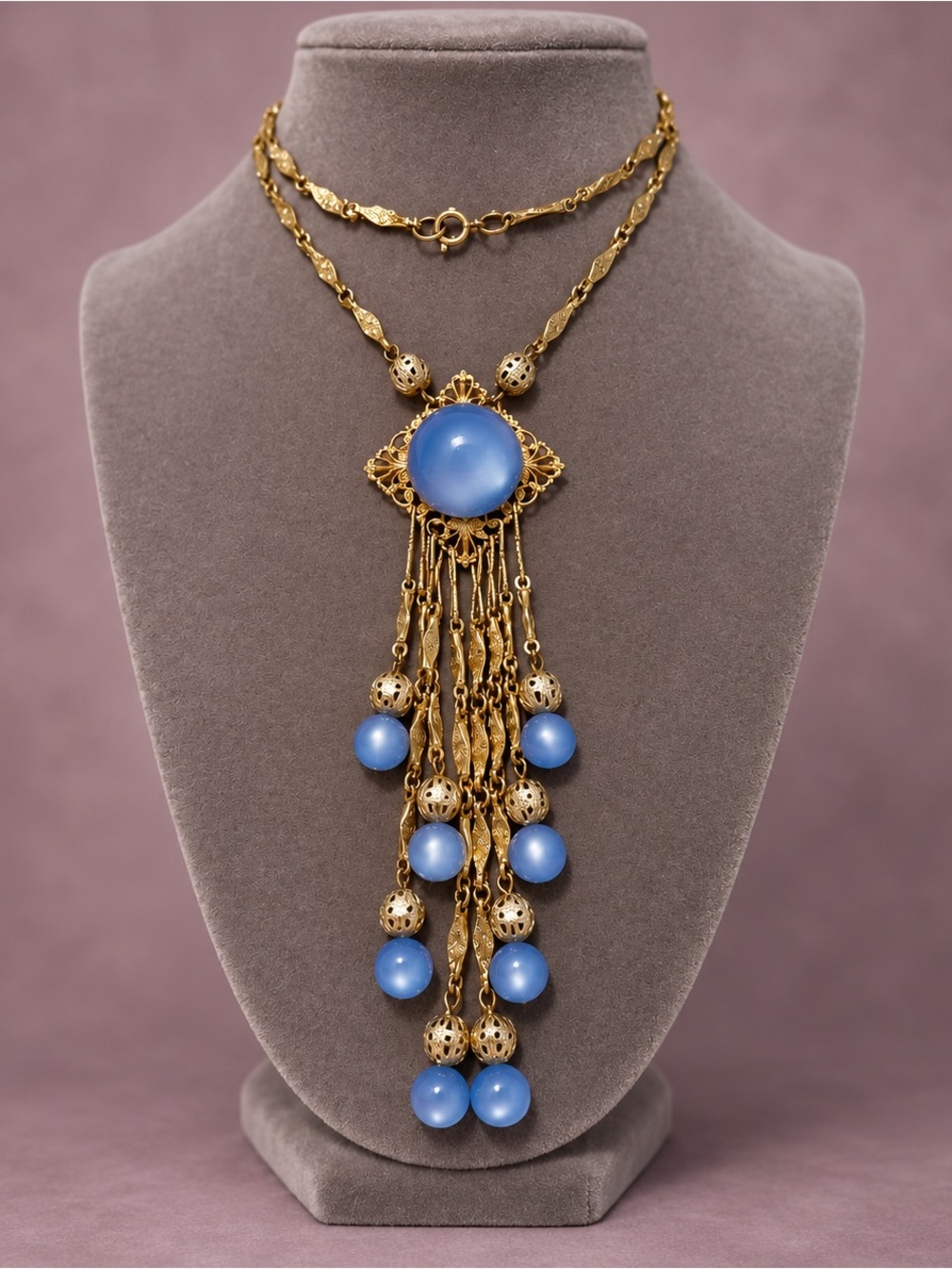 Vintage Blue Moonglow Bead Gold-Tone Filigree Tassel Necklace